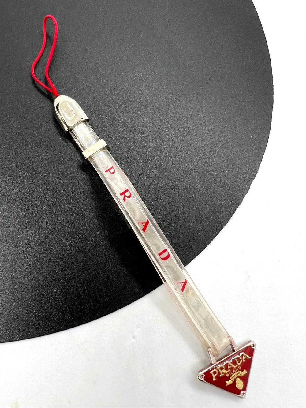 Authentic Prada Vintage Y2K Red Triangle Logo Clear Phone Strap / Bag Charm